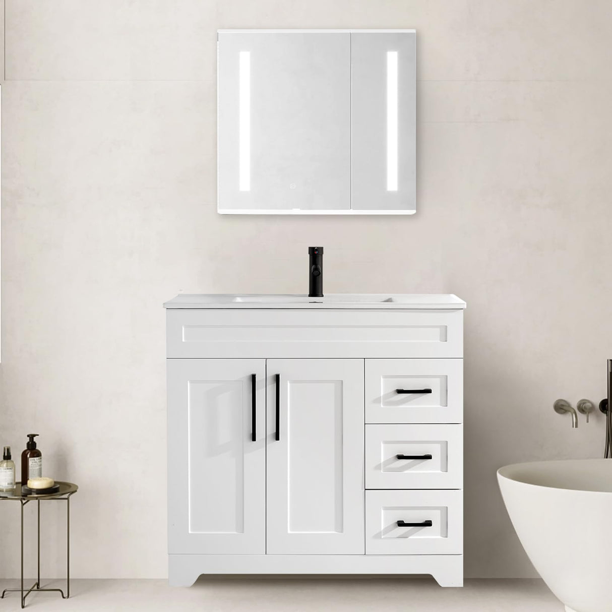 36ā Luxurious Bathroom Vanity with Ceramic Sink Combo, White Bathroom Cabinet