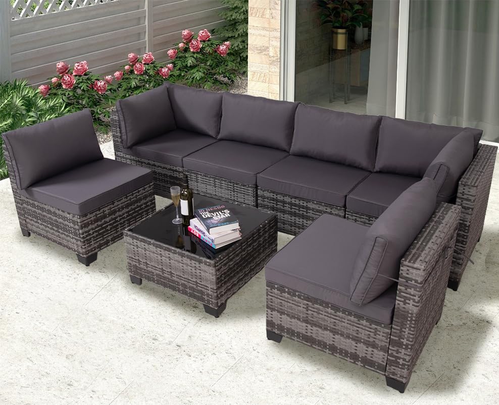 7 Pieces Wicker Patio Furniture Set, Outdoor Sectional Rattan Sofa with Waterproof