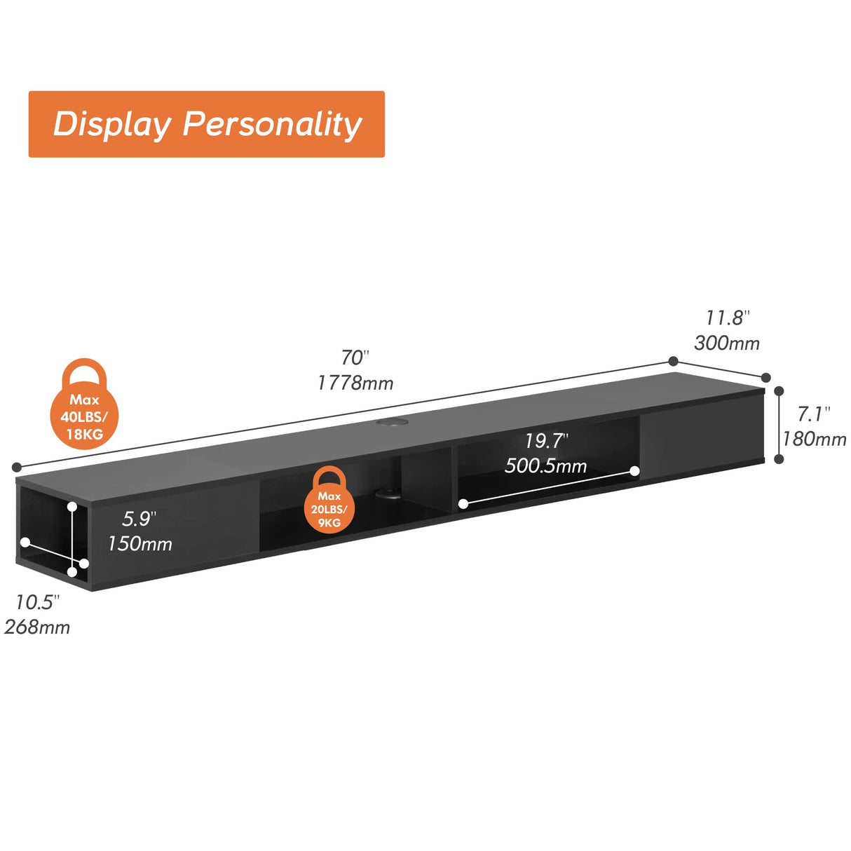 Black Floating TV Shelf 70 inch, Entertainment Center Wall Mounted Media Console