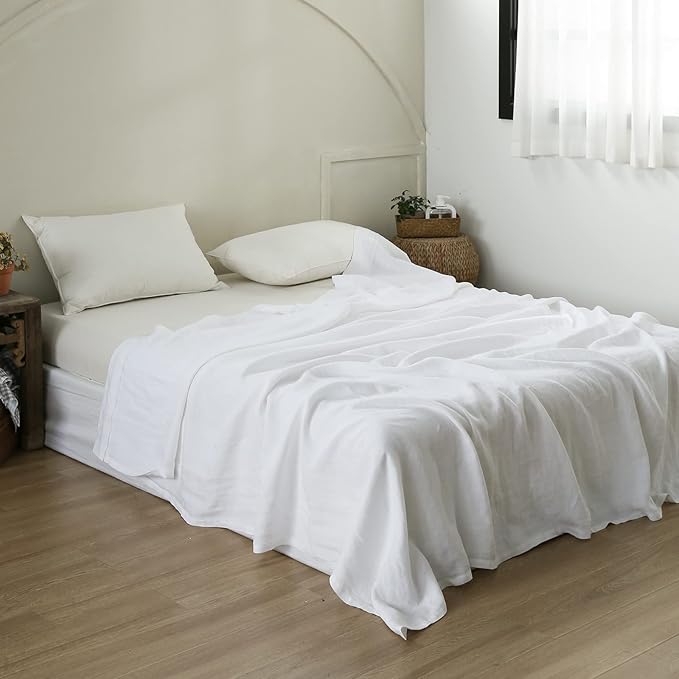 French Linen Flat Sheet with Embroidered Border-100% Stone Washed Flax Bedding,