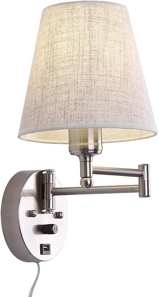 Bedside Wall Mount Light with Dimmable Switch and USB Port, Gold Swing Arm Fabric Shade Wall