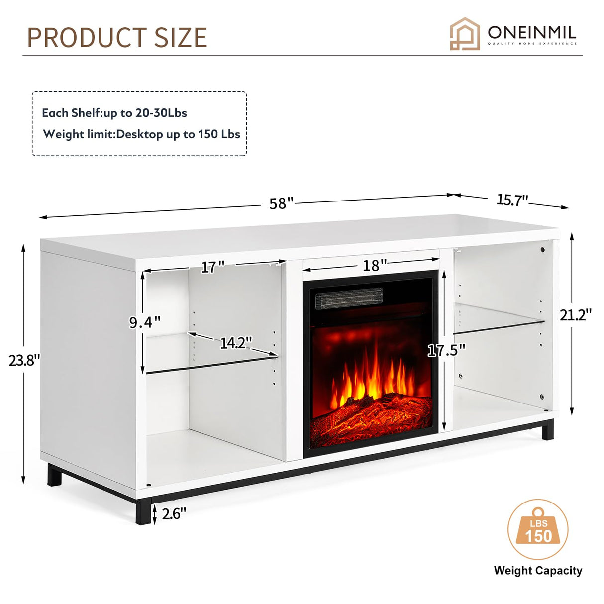 Electric Fireplace TV Stand with Adjustable Glass Shelves