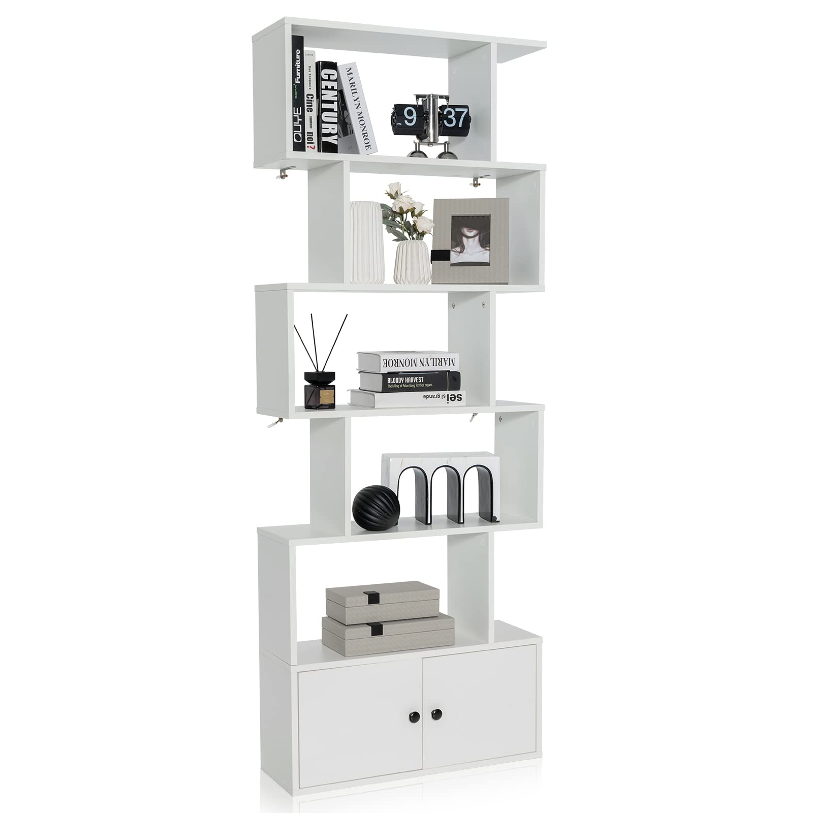 6-Tier Geometric Bookcase with Cabinet, Freestanding Display Shelves