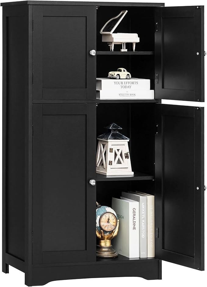 Cabinet, Storage Cabinet with 2 Adjustable Shelves, Bathroom Floor Cabinet with 4 Doors,