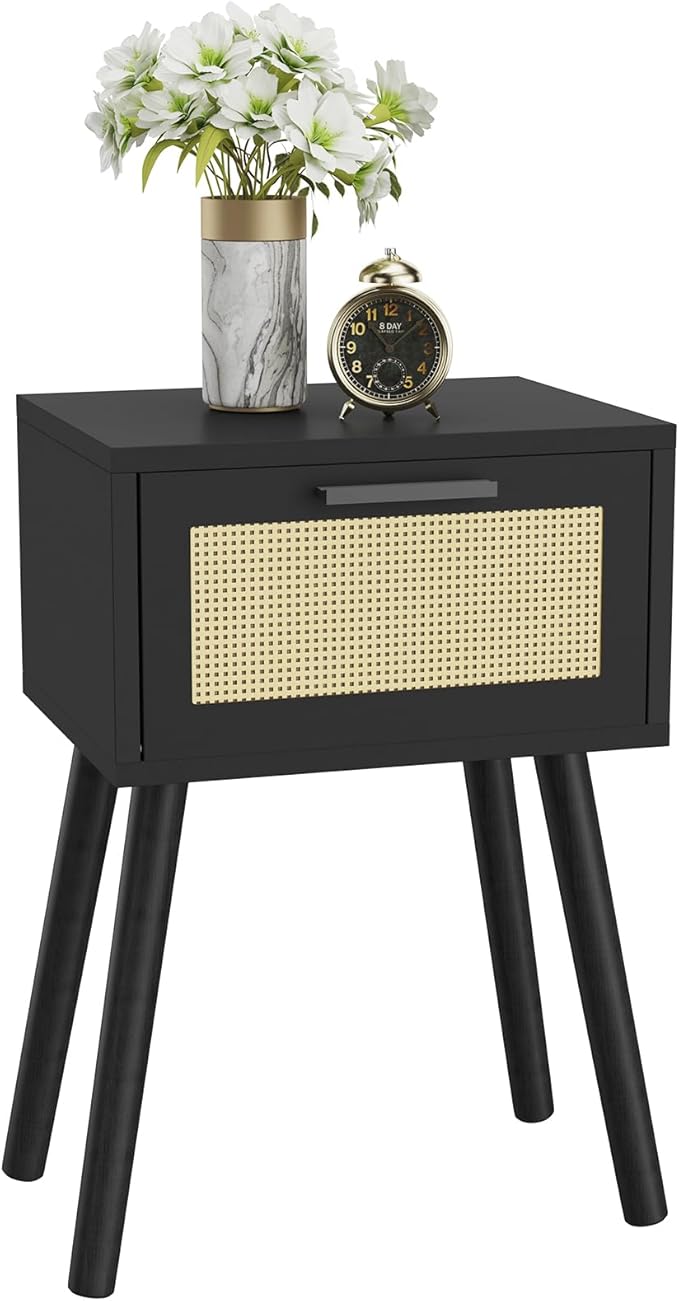 Nightstand, Small Bedside Table, Handmade Rattan Decorated Drawer, Solid Wood Legs