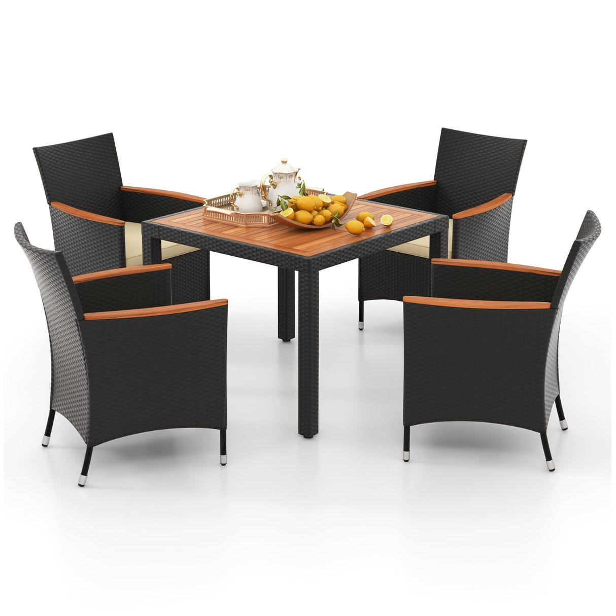 5 Pieces Patio Dining Table Set for 4, Rattan Conversation Set with Umbrella Hole
