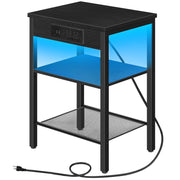 Side Table with Charging Station and LED Lights, Small End Table with Storage Shelves
