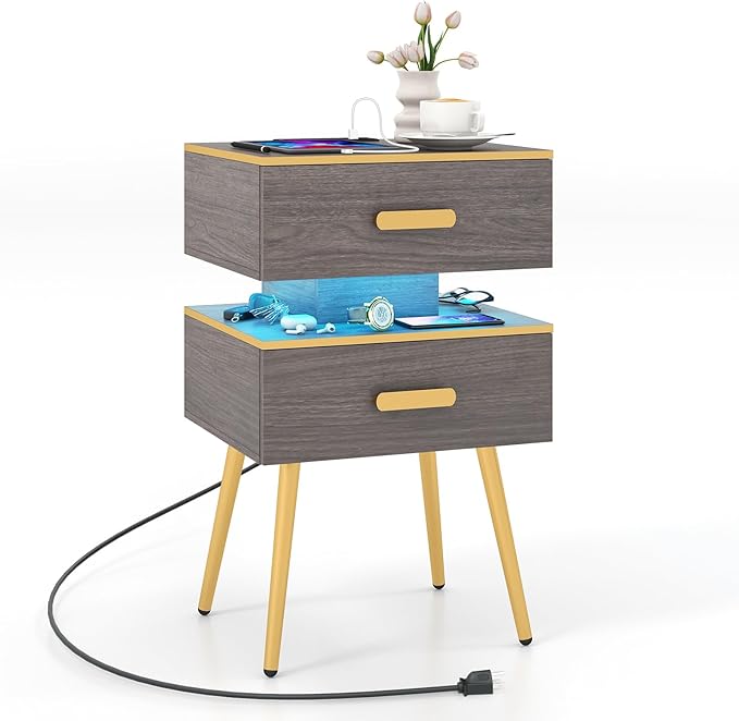 Nightstand with Charging Station & LED Lights, 28.5" Bedside Table with 2 Drawers