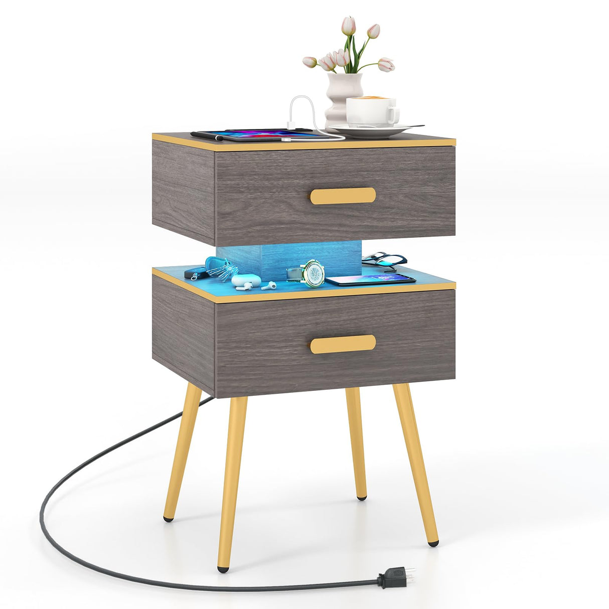 Nightstand with Charging Station & LED Lights, 28.5" Bedside Table with 2 Drawers