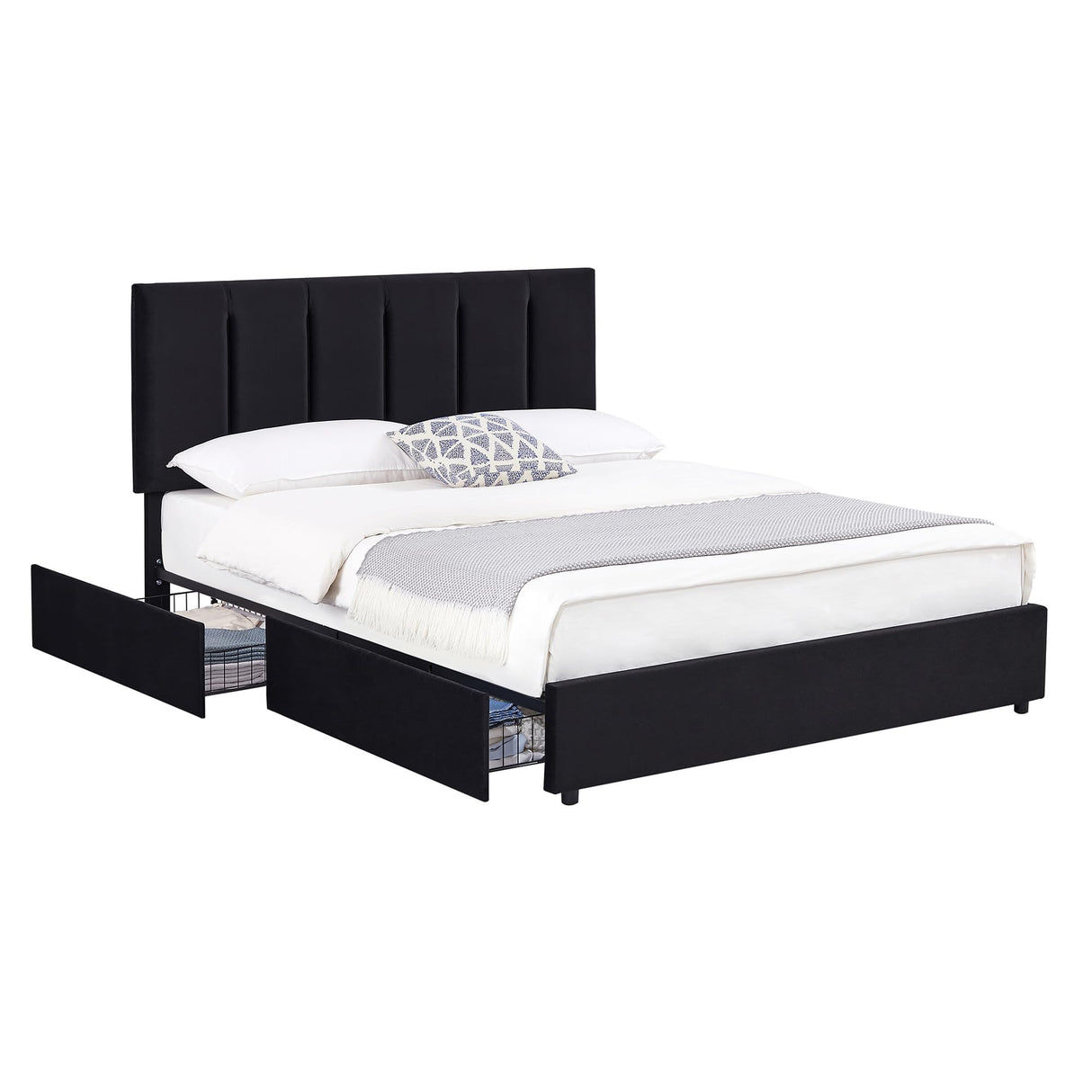 Queen Upholstered Bed Frame with 4 Storage Drawers and Adjustable Velvet Headboard