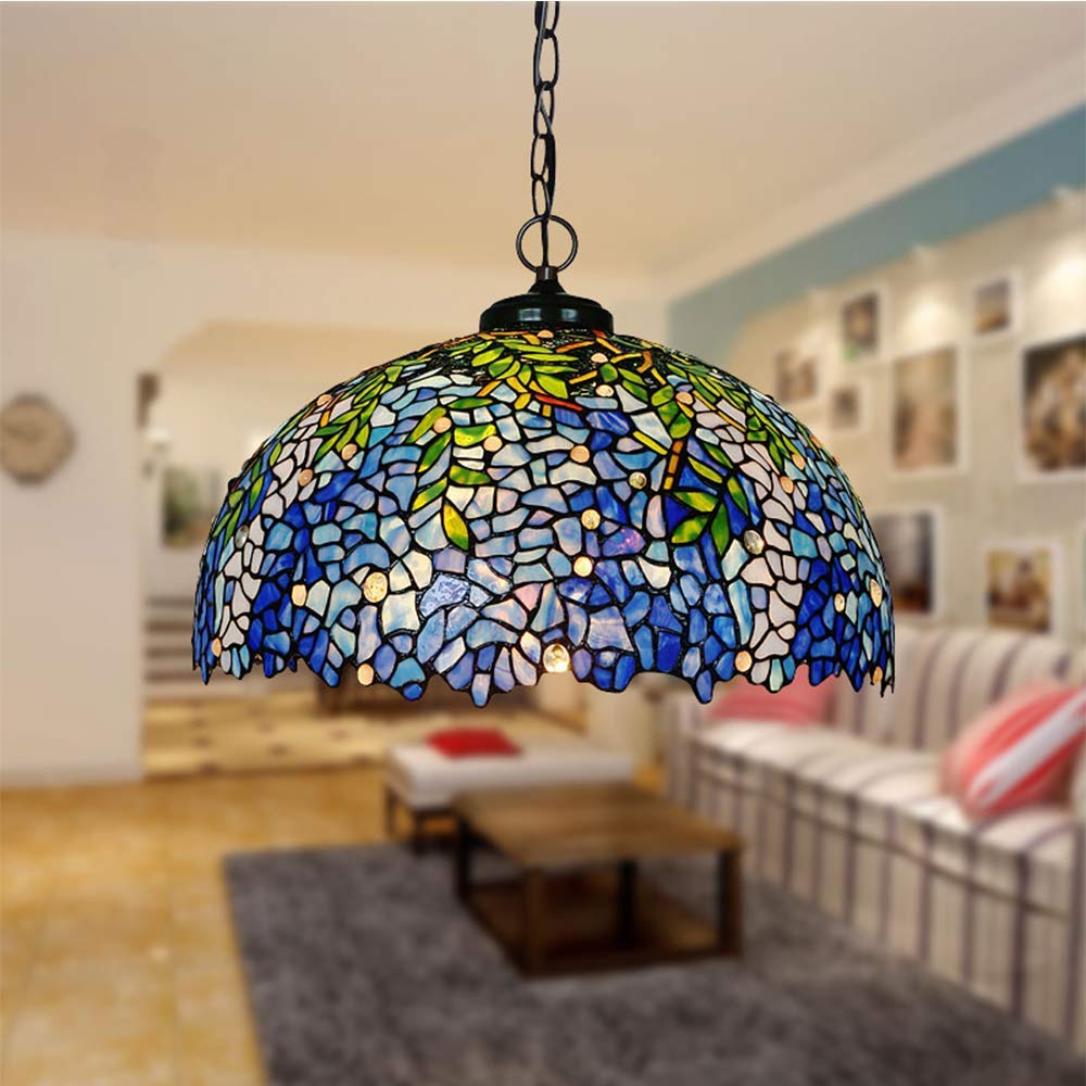 HT Tiffany Style Hanging Pendant Lamp 20 Inch Wide Wisteria Stained Glass Lampshade 3-Light Traditional Handmade Chandelier Ceiling Decor for Kitchen Restaurant Corridor Bedroom Living Room Bar