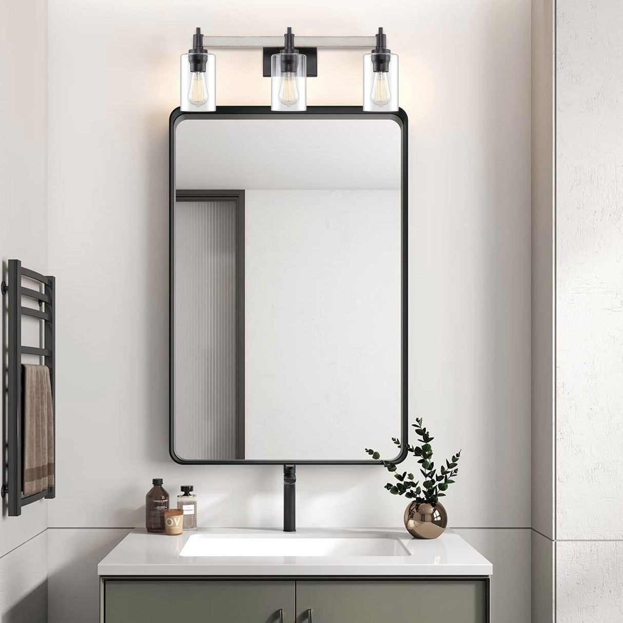 Theo 25" 3-Light Modern Farmhouse Vanity/Bathroom Light + Clear Cylinder Glass Shades