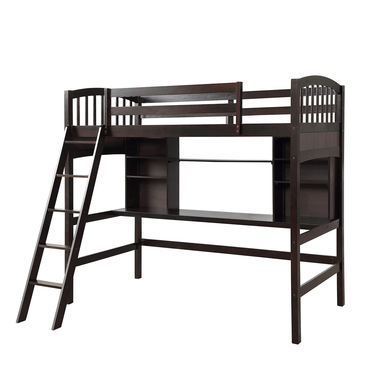 Kids Loft Beds, Twin Loft Bed with Desk, Wood High Loft Bed with Bookcase Shelves for Dorm, Boys & Girls Teens Adults, Espresso
