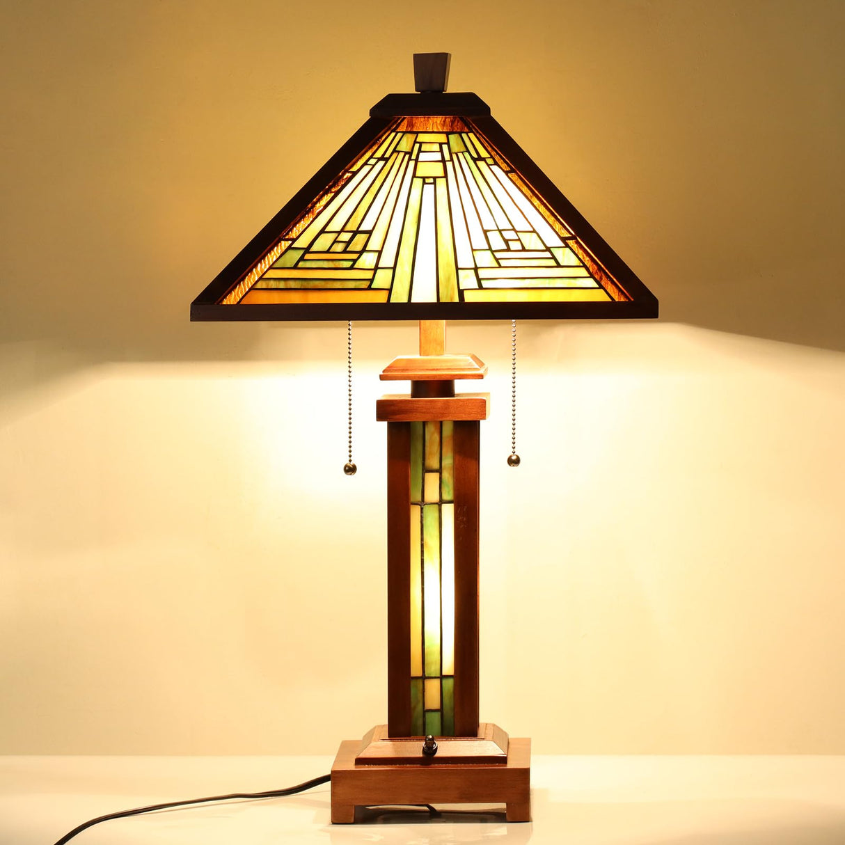 Capulina Tiffany Lamp Stained Glass Table Lamp 3-Light 15X15X26 Inches Amber Brown Wooden Base Tiffany Style Desk Lamp with Night Light Decor for Living Room Bedroom Home Office
