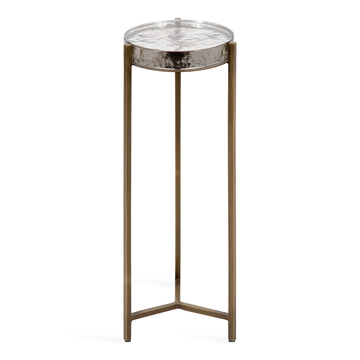 Aguilar Modern Drink Table, 9 x 9 x 23, Brass with Clear Glass, Detailed Glass Accent Table