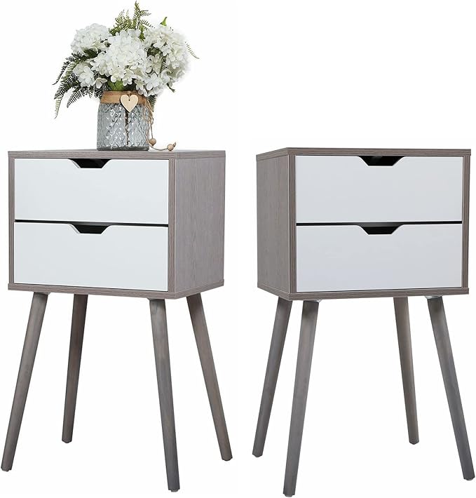 Nightstands Set of 2, Night Stand with Drawers, Bedside Tables with Solid Wood Legs and