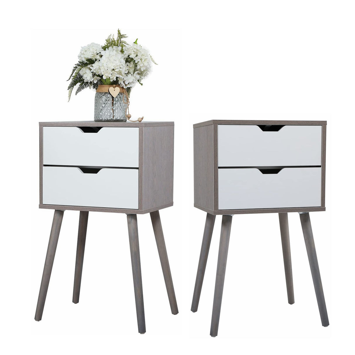 Nightstands Set of 2, Night Stand with Drawers, Bedside Tables with Solid Wood Legs and
