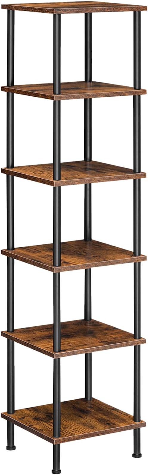 6-Tier Corner Shelf, Corner Square Rack Display Shelf, Tall Storage Rack Plant Stand, Corner Bookcase for Small Spaces, Living Room, Home Office, Kitchen, Rustic Brown and Black BF55CJ01