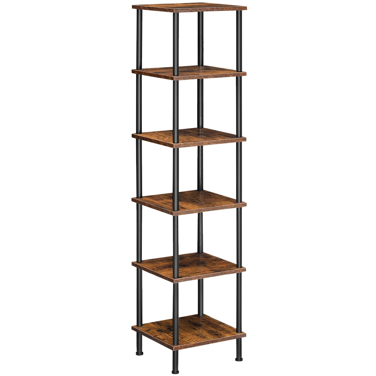 6-Tier Corner Shelf, Corner Square Rack Display Shelf, Tall Storage Rack Plant Stand, Corner Bookcase for Small Spaces, Living Room, Home Office, Kitchen, Rustic Brown and Black BF55CJ01