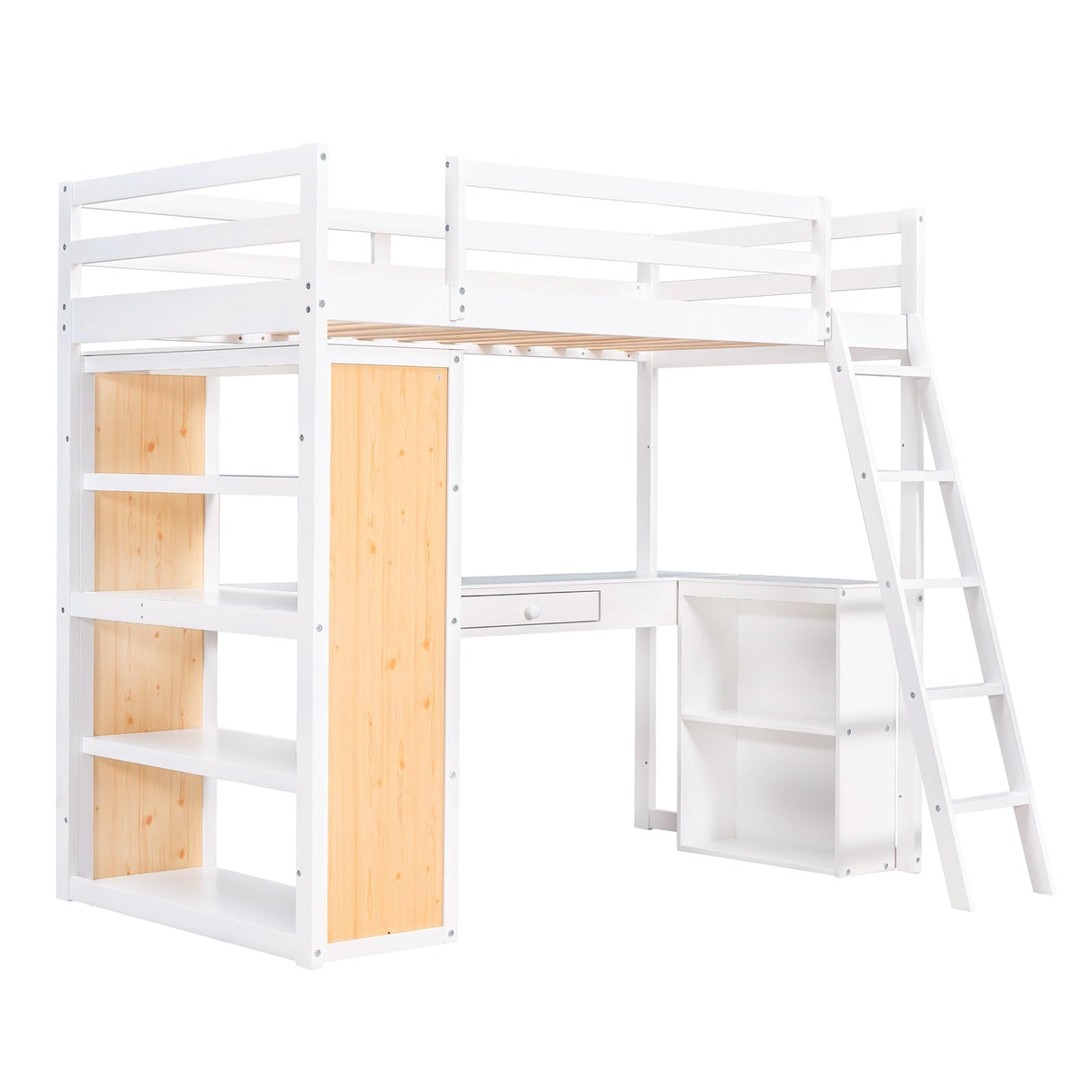 Twin Wood Loft Bed wDesk, Shelves, Drawers, Oleophobic Board, Ladder White - Twin