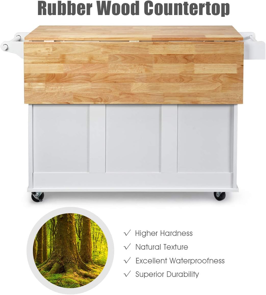 Kitchen Island Cart with Drop-Leaf Tabletop, Large Trolley Cart with Large Cabinet