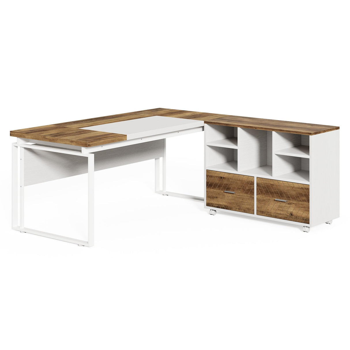 63" L-Shaped Executive Office Desk with Reversible File Cabinet, Large Modern