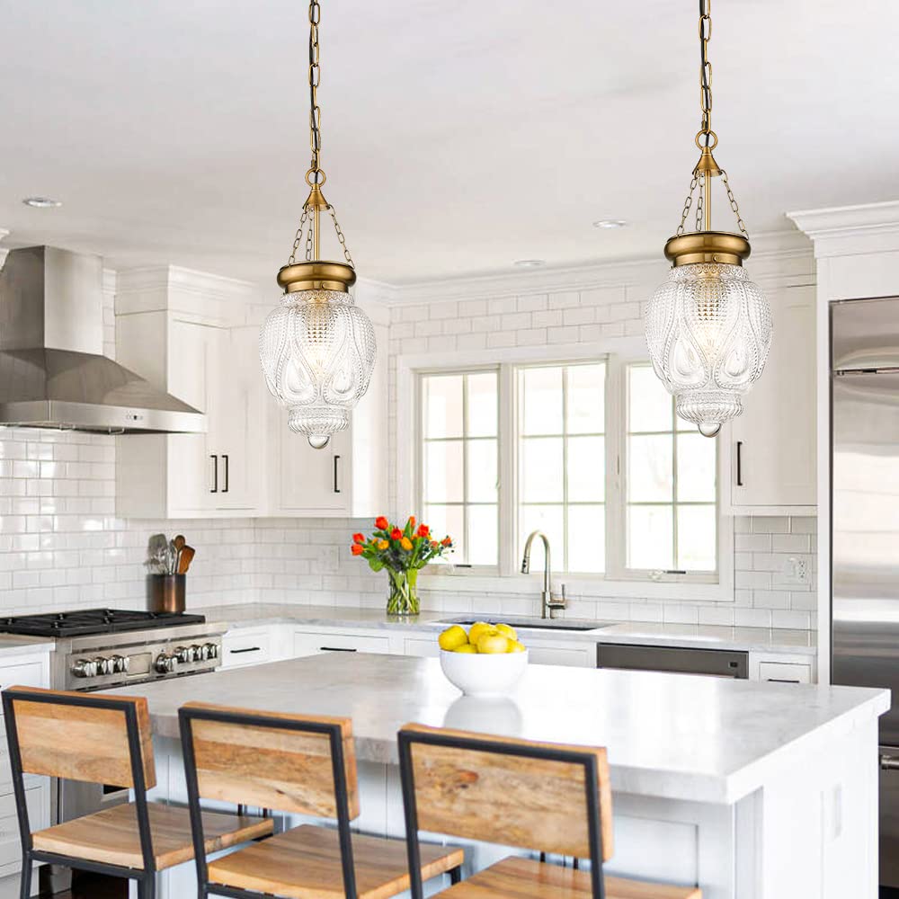 Farmhouse Pendant Light, Vintage Brass Gold Pendant Lights Kitchen Island, Pendant Lighting for Island, Kitchen Island Lighting Over Sink, Modern Clear Glass Pendant Light Fixture for Kitchen Table