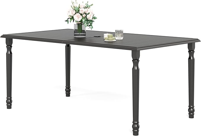 Rectangular Outdoor Dining Table with 1.6"-2" Adjustable Umbrella Hole