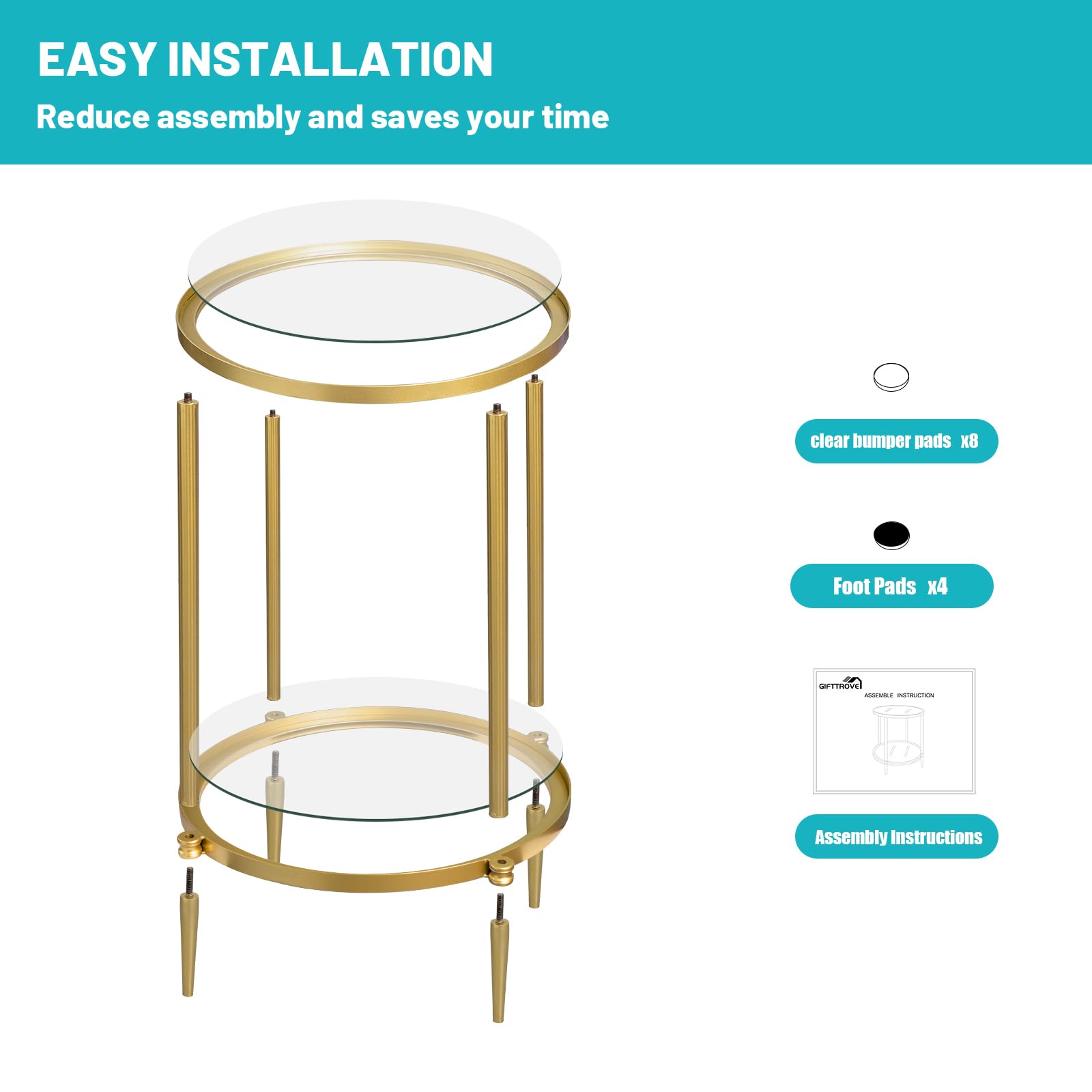 2 Tier Round Side Table, Gold End Table with Glass Top, Modern Metal Clear Coffee Table