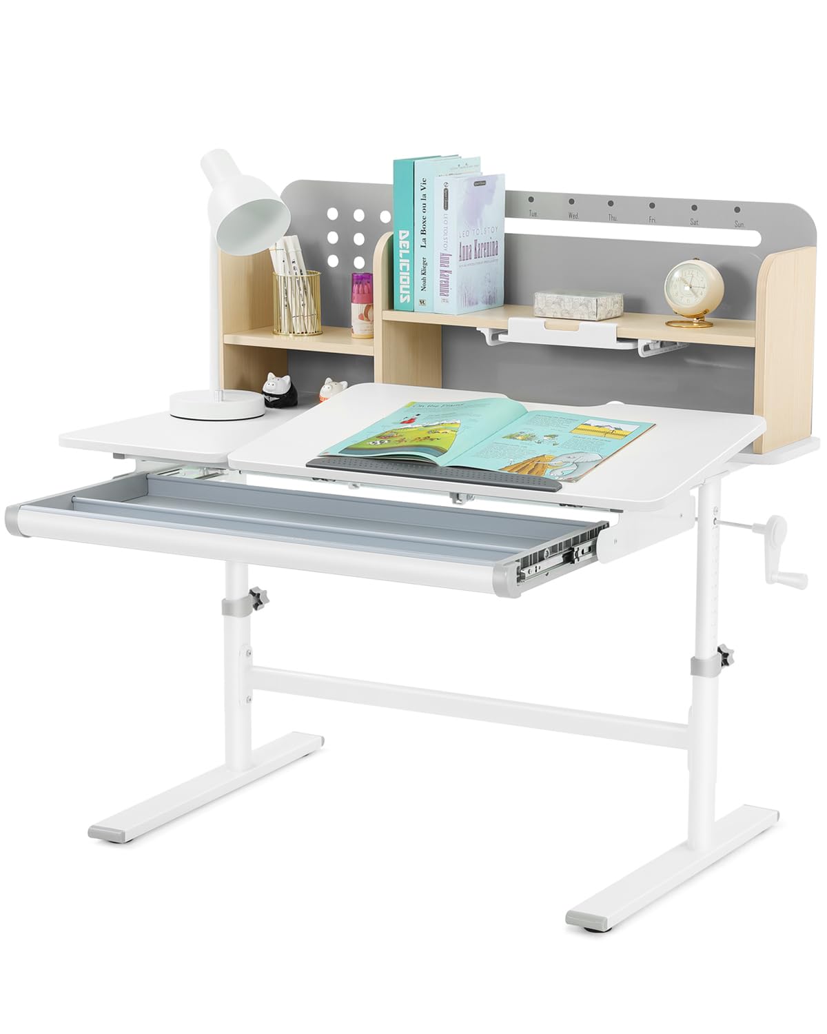 39in Wide Adjustable Height Kids Desk with Tilting Desktop, Steel Frame, Drawer