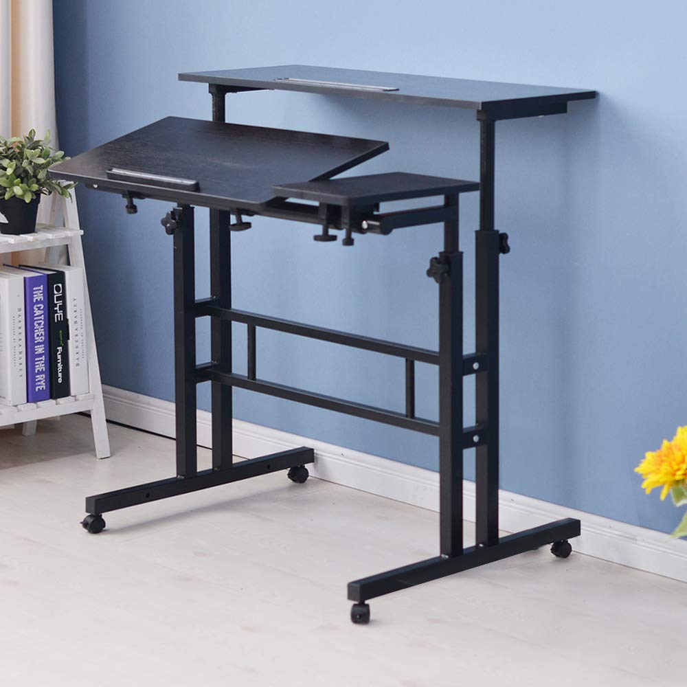 DlandHome Sit-Stand Desk Cart Mobile Height-Adjustable Sit to Stand Office Desk Riser Standing Table Workstation Mobile Desk, Black 101-2BK