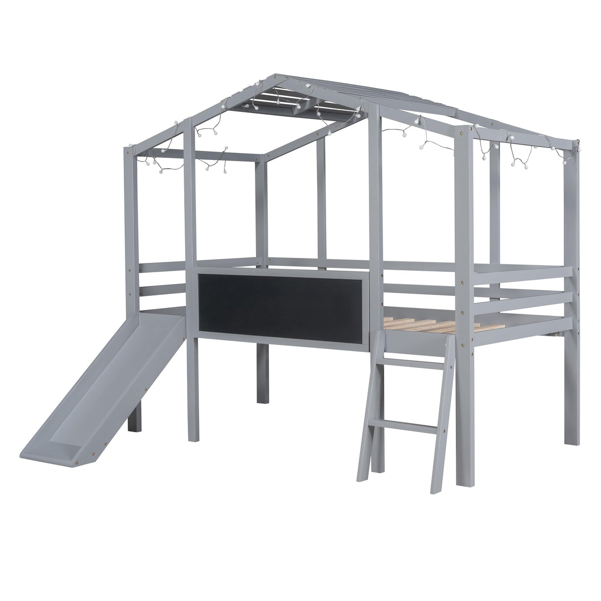 Kids House Loft Bed with Slide, Twin Size Low Loft Bed with LED Lights & Blackboard