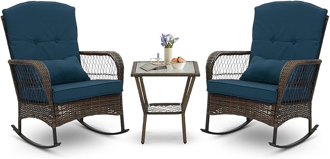 3 Piece Rocking Bistro Set Wicker Outdoor Patio Chairs Rattan Conversation Sets