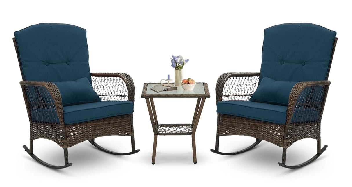 3 Piece Rocking Bistro Set Wicker Outdoor Patio Chairs Rattan Conversation Sets
