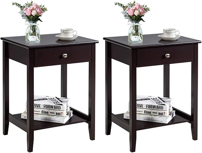 Nightstand Wooden 2-Tier Couch Sofa Side Table with Drawer, Storage Shelf