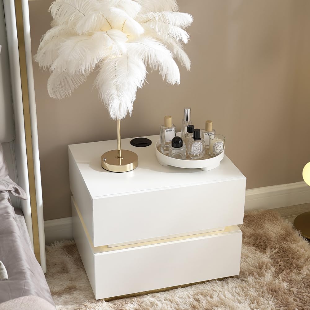 Modern White Smart LED Night Stand with Wireless Charging Station