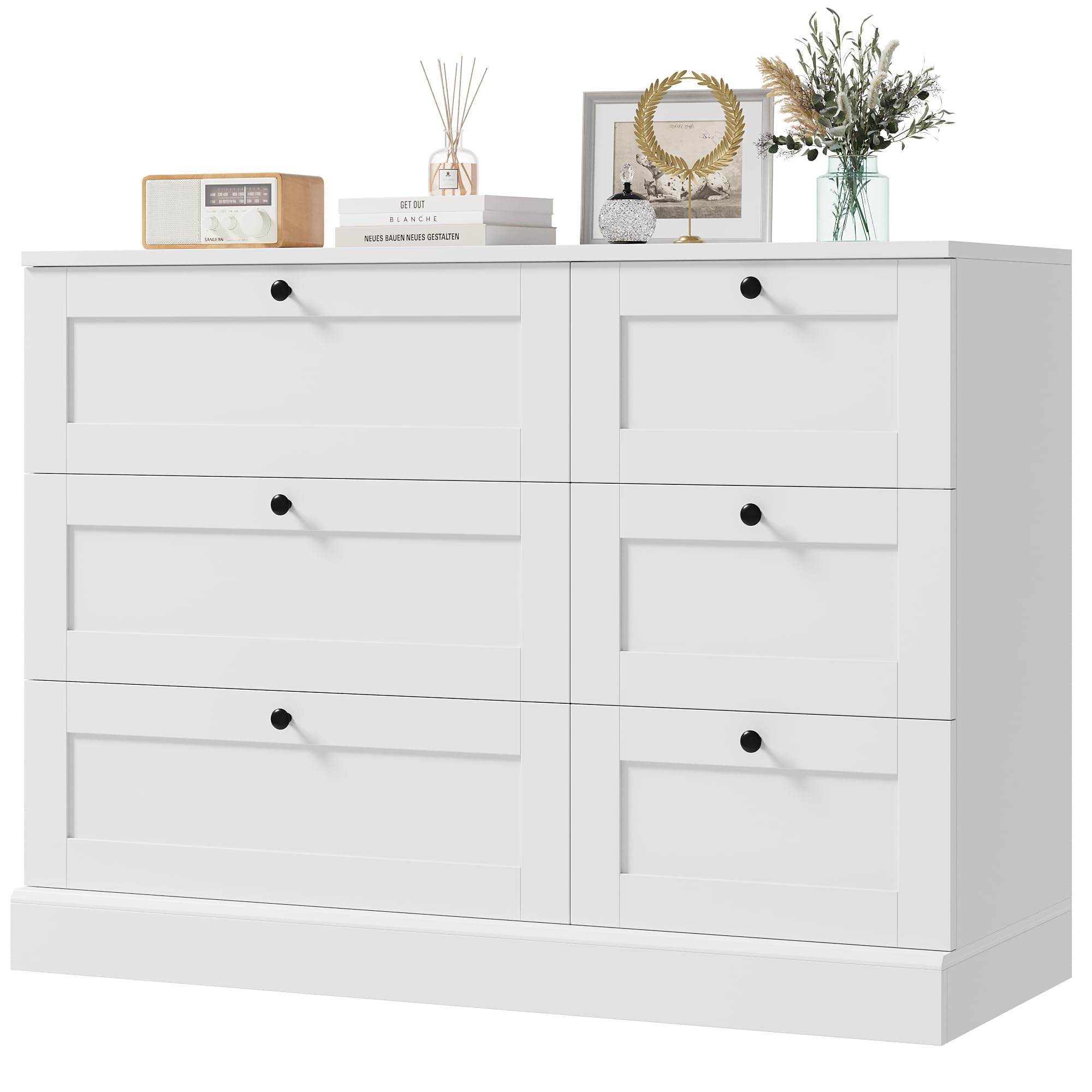HOSTACK 6 Drawer Dresser, White Dresser for Bedroom, Wood Chest of Drawers, Wide Double Dresser, Modern Drawer Chest for Living Room, Entryway, Hallway, White