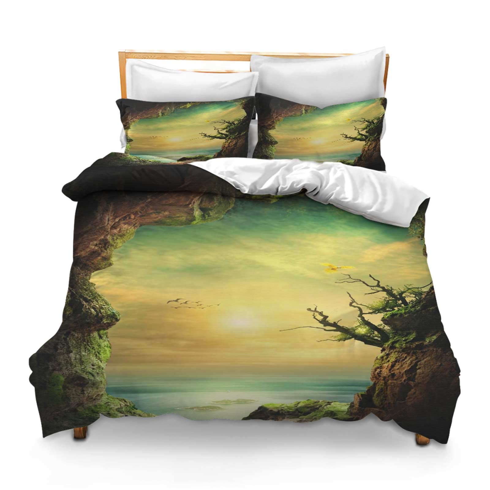 Printed Comforter Cover Set Twin Size Cave Sea Fantasy Sunlight Birds Island Water