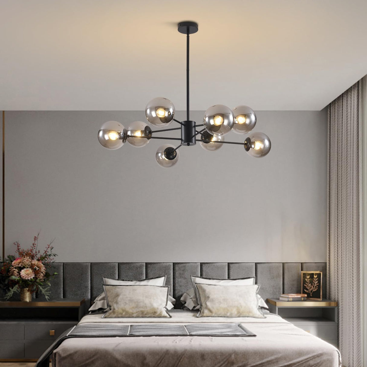 BOKT Mid Century Modern Matte Black Chandelier 8-Lights Globe Glass Ball Chandelier Flush Mount Ceiling Light Industrial Vintage Farmhouse Kitchen Island Pendant Lighting Fixture