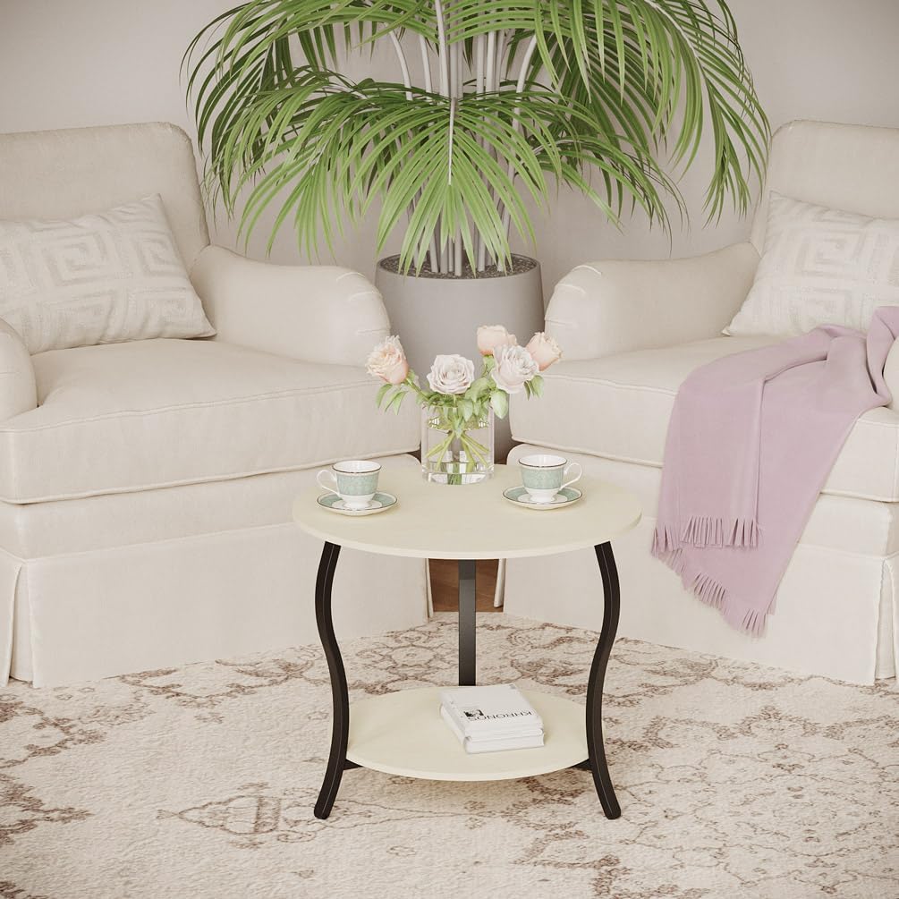 Small Round Coffee Table with Open Storage,23" 2-Tier Coffee Side Tables for Small