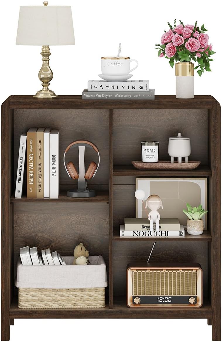 5 Cube Bookshelf, Wood Bookcase with 3 Adjustable Shelves