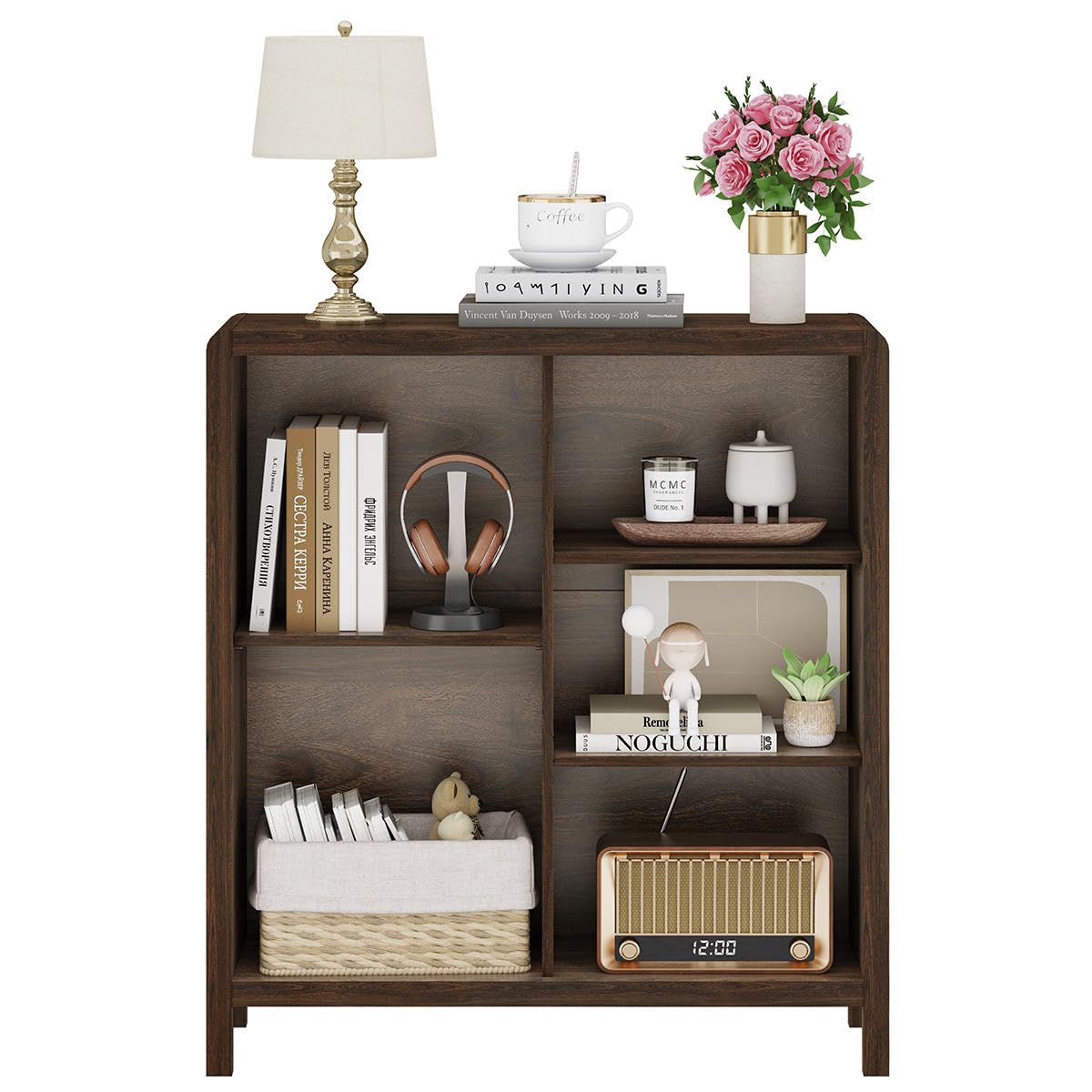 5 Cube Bookshelf, Wood Bookcase with 3 Adjustable Shelves