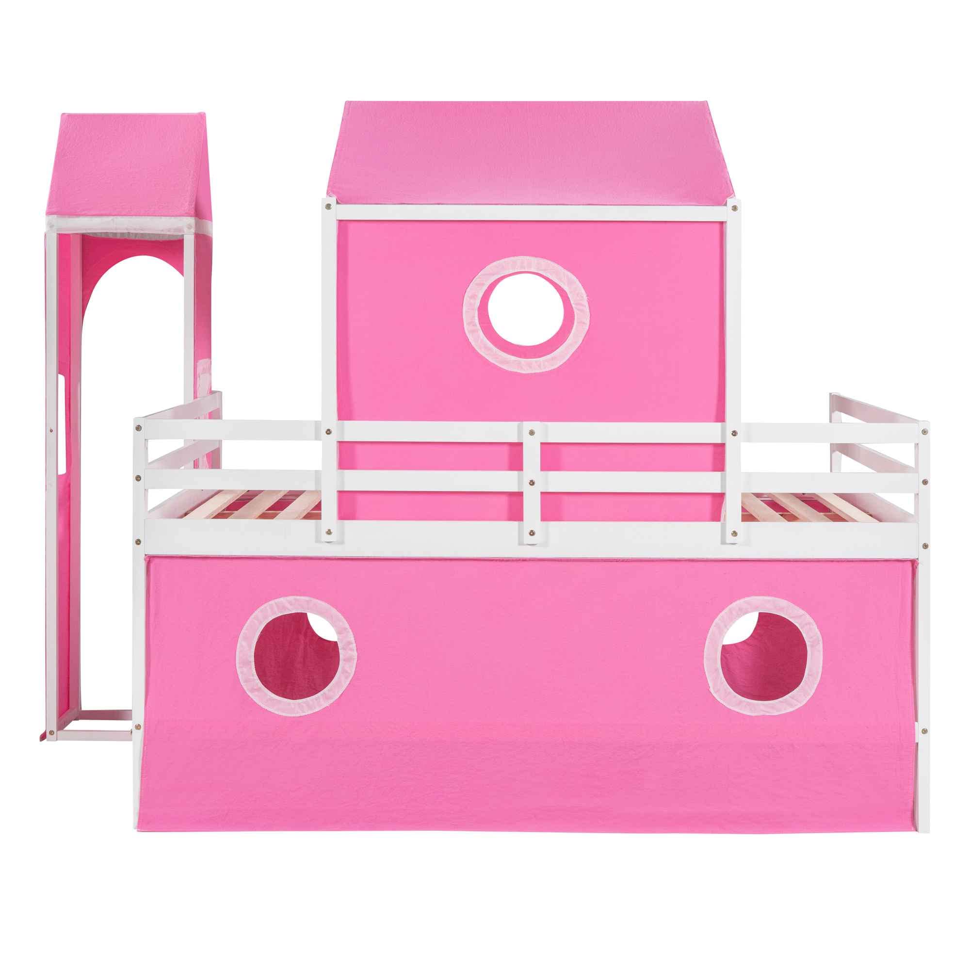 Full Size Bunk Bed with Slide and Tent, House Shaped Loft Bedframe w/Curtains