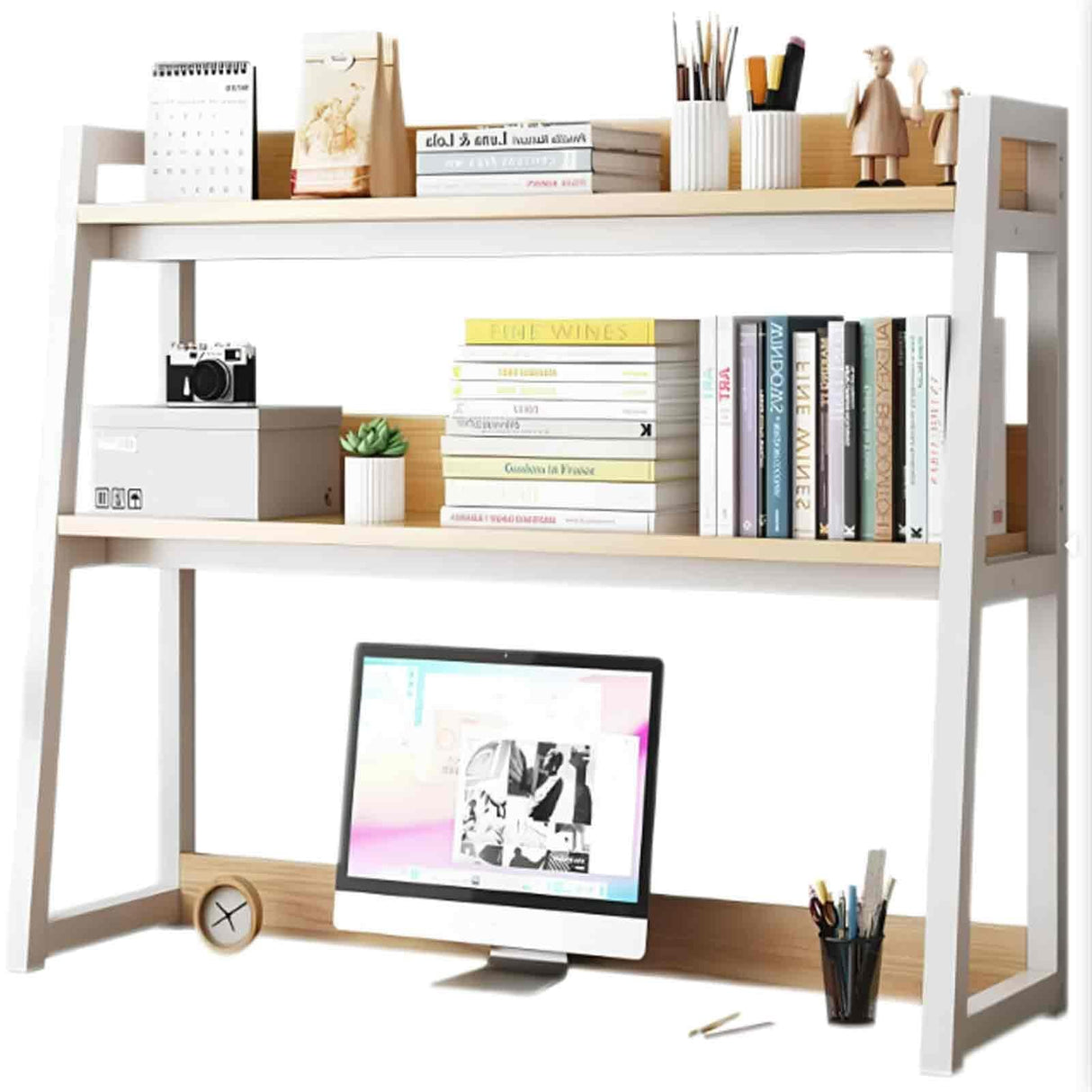JXCAA Wall Ladder White Small Computer Desk Tall Bookcase Bookshelf Storage, Desktop Bookshelf Organizer, Thickened Steel Frame, with Installation Tools, 3 Layers, 55 X 32 X 90 Cm