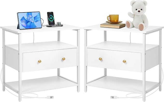 27 inch Nightstand Side Table with 1 Layer of Wooden Drawers,Nightstand with Charging Station