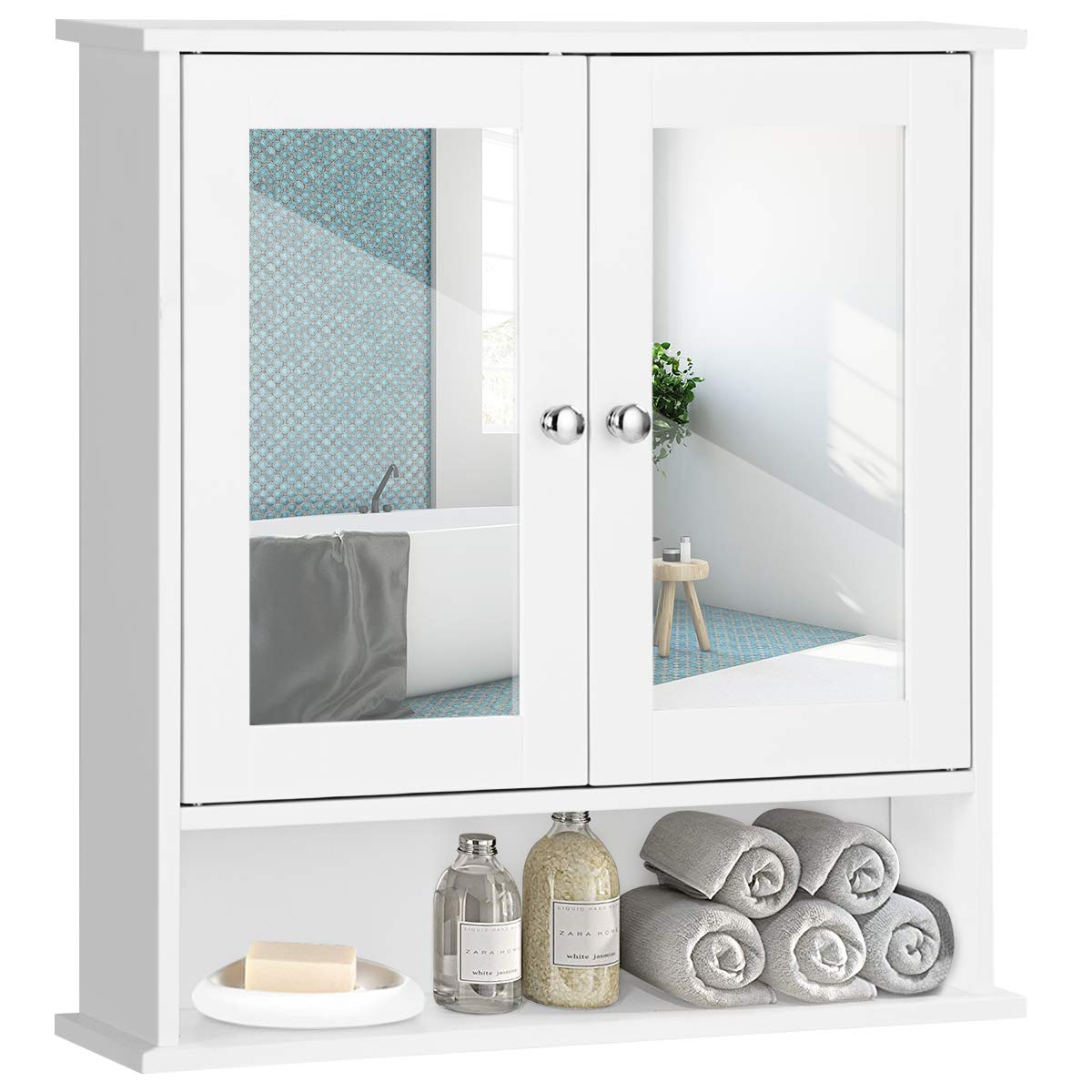 Bathroom Medicine Cabinet, Hanging Storage Cabinet with Double Mirror Doors