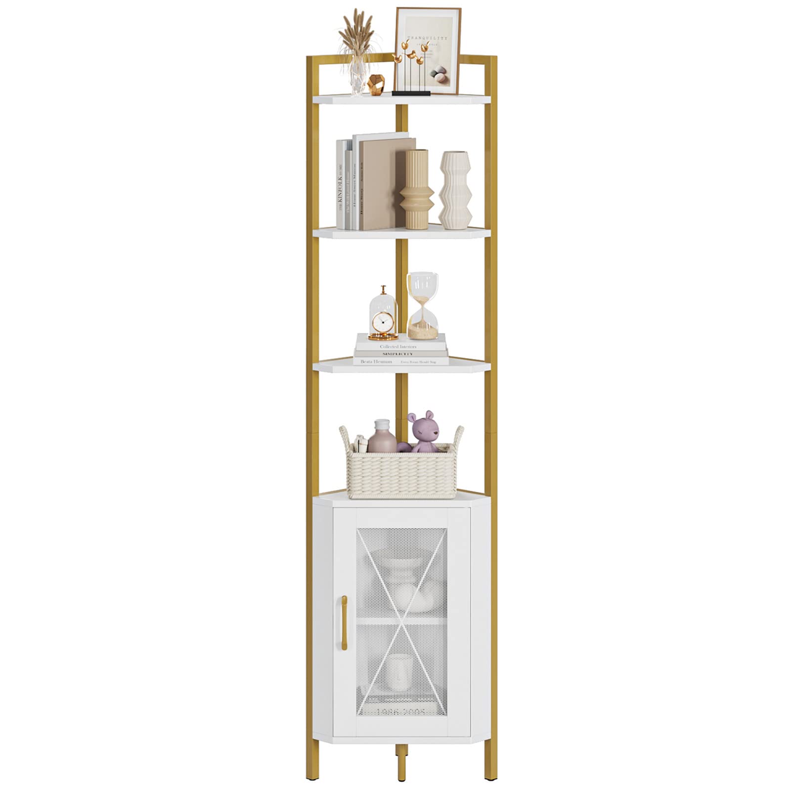 71" Tall Corner Shelf, 6-Tier Corner Bookcase, Gold Bookshelf with Storage Cabinet, Modern Display Shelf, Free Standing Storage Rack Plant Stand for Living Room, Home Office, White