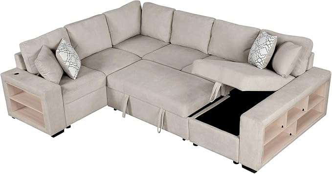 125" Pull Out Sleeper Sofa Bed with 2 Back Pillows,Oversized L-Shaped Sectional