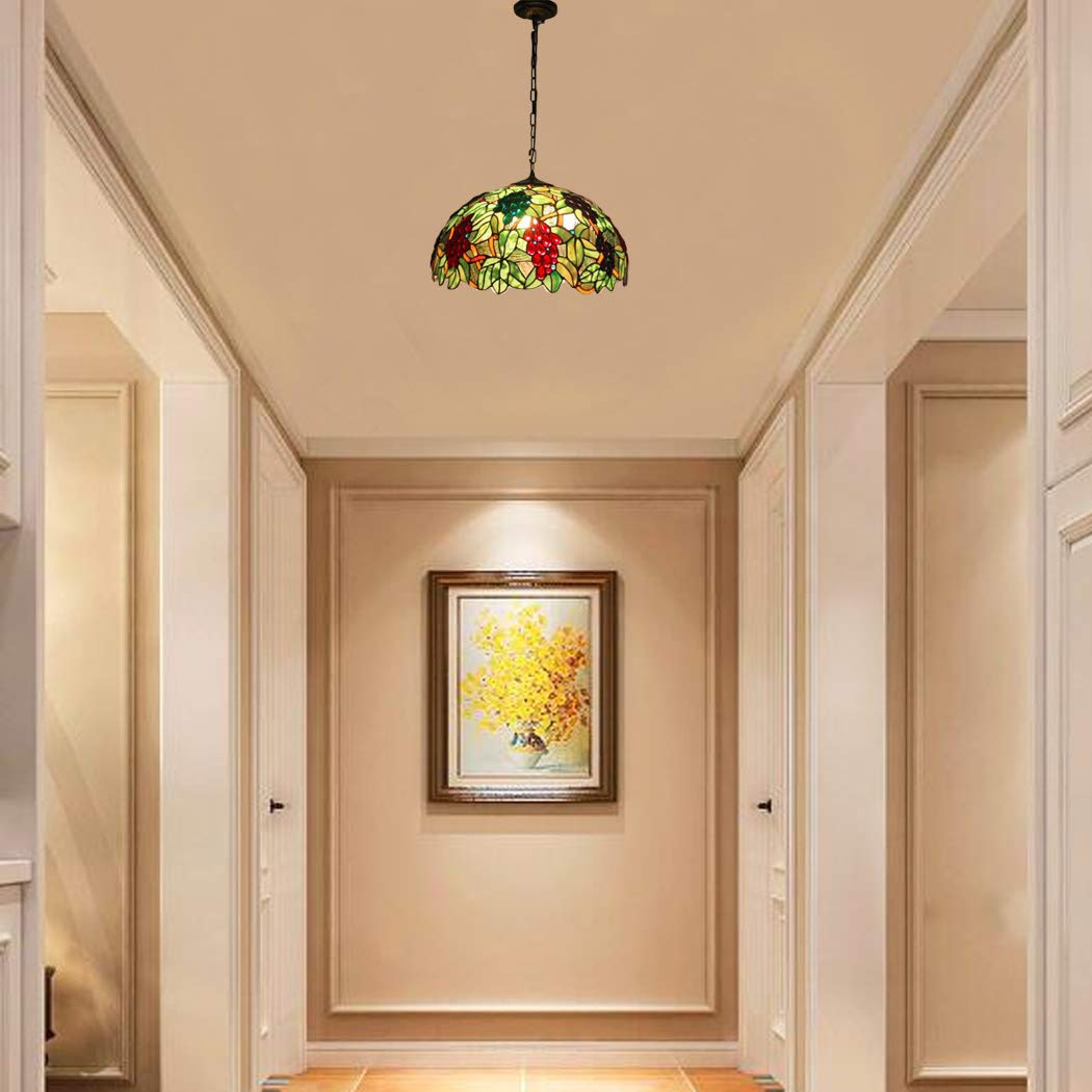 Tiffany Style Baroque Pendant Lamp Red Grape Green Leaves Stained Glass 20 Inch Shade