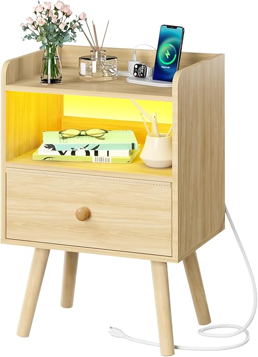 Nightstand with Charging Station, Modern Night Stand